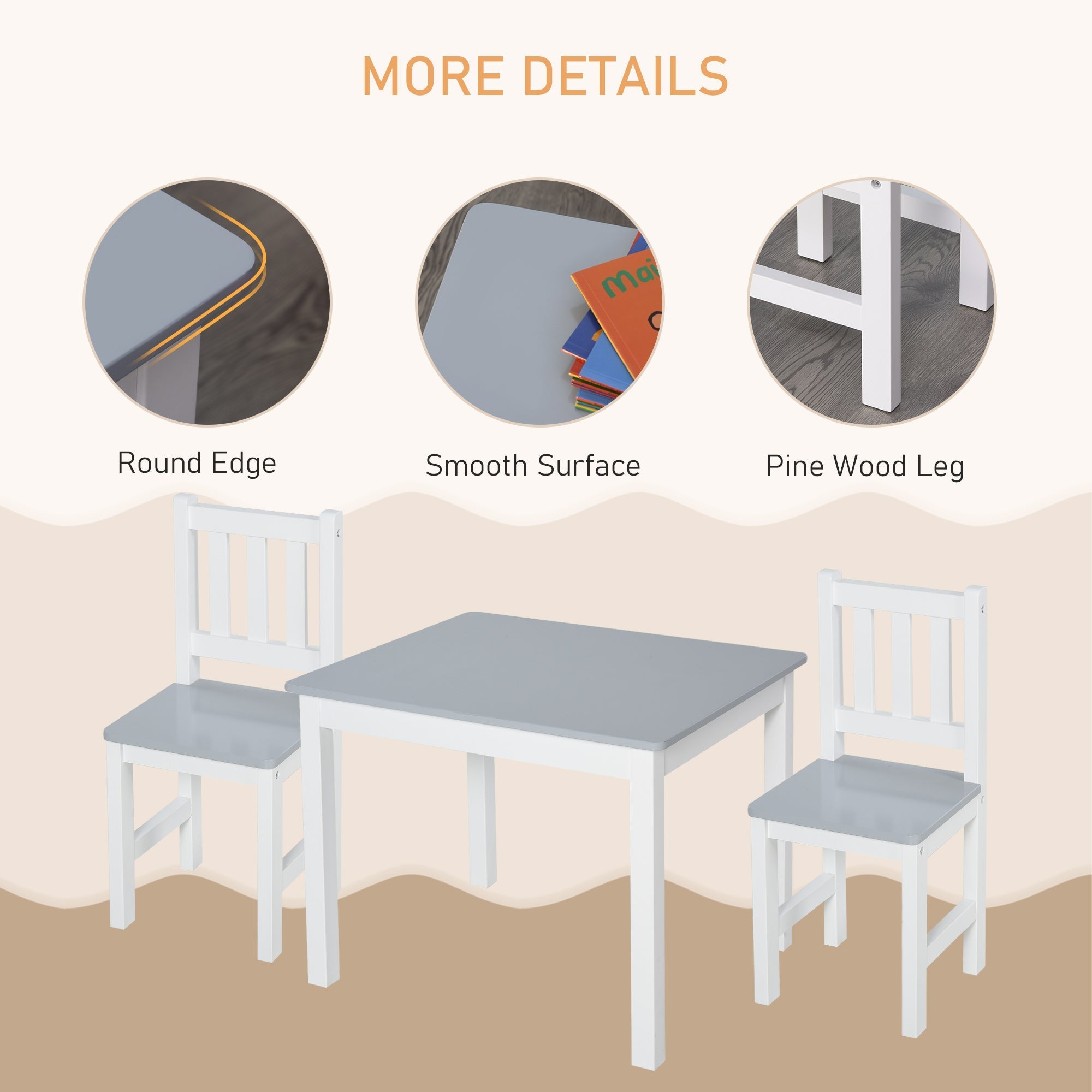 Homcom kids table and chair set with gray top white round-edged chairs and pine wood legs for indoor use