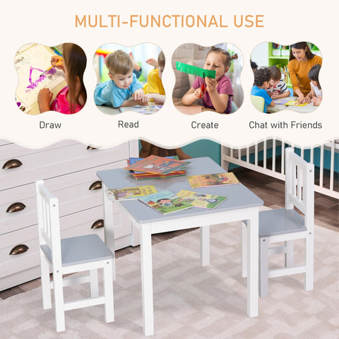 Homcom kids table and chair set with white wood frame gray seat and tabletop for indoor study and snack time