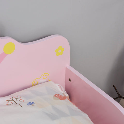 Pink wooden toddler bed with poplar wood, cute princess crown design, yellow floral and sun decals, safety side rails