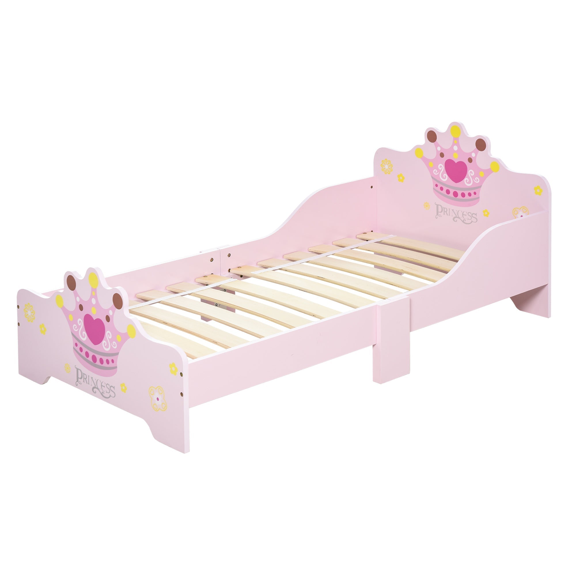 Pink wooden toddler bed made of poplar wood with cute princess crown decals and safety side rails for kids 3 to 6 years