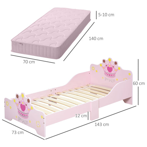 Pink wooden princess toddler bed with crown and heart design made of poplar wood with matching pink mattress