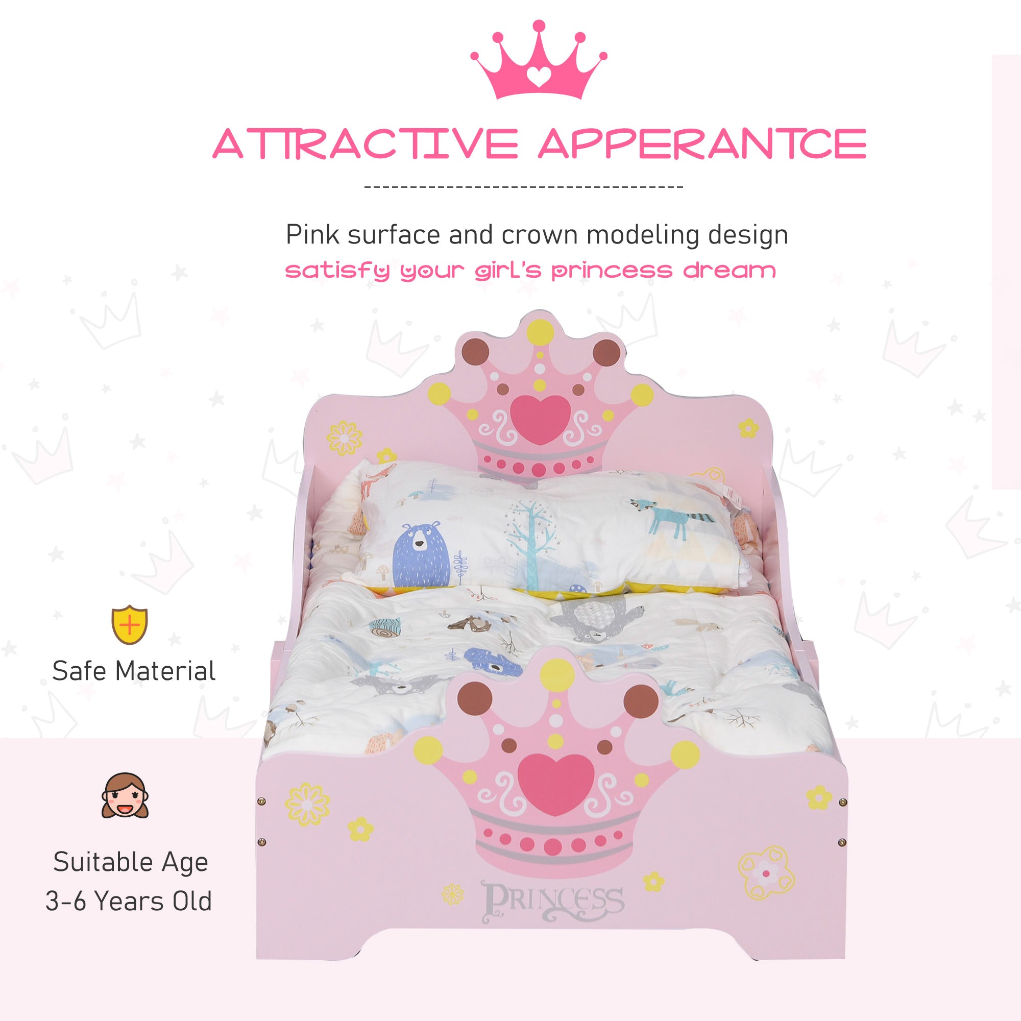 Pink wooden princess bed made of poplar wood with princess crown design and heart accents for kids 3 to 6 years