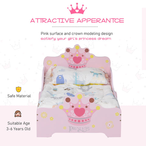 Pink wooden princess bed made of poplar wood with princess crown design and heart accents for kids 3 to 6 years