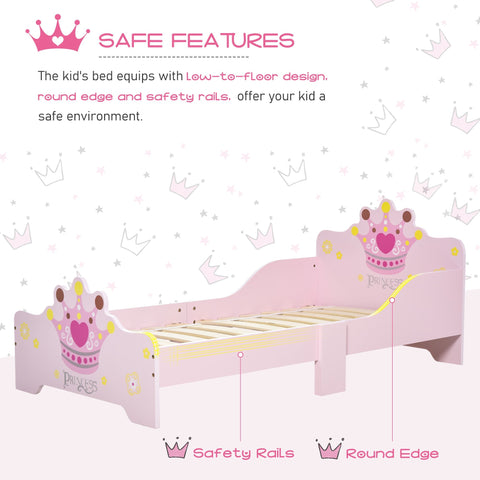 Pink poplar wood toddler bed with princess crown and heart decals safety side rails for boys and girls 3-6 yrs