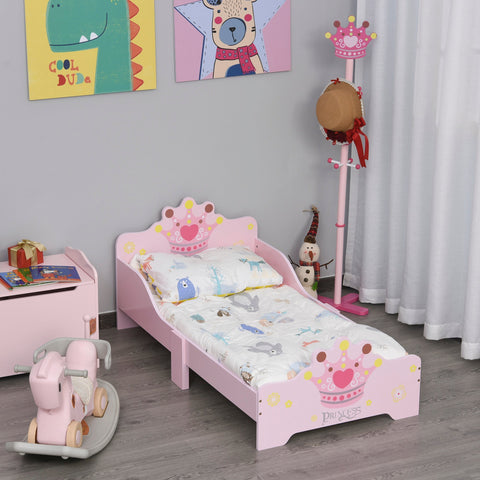 Pink wooden toddler princess bed with crown and heart designs made of poplar wood perfect for boys and girls 3 to 6 years