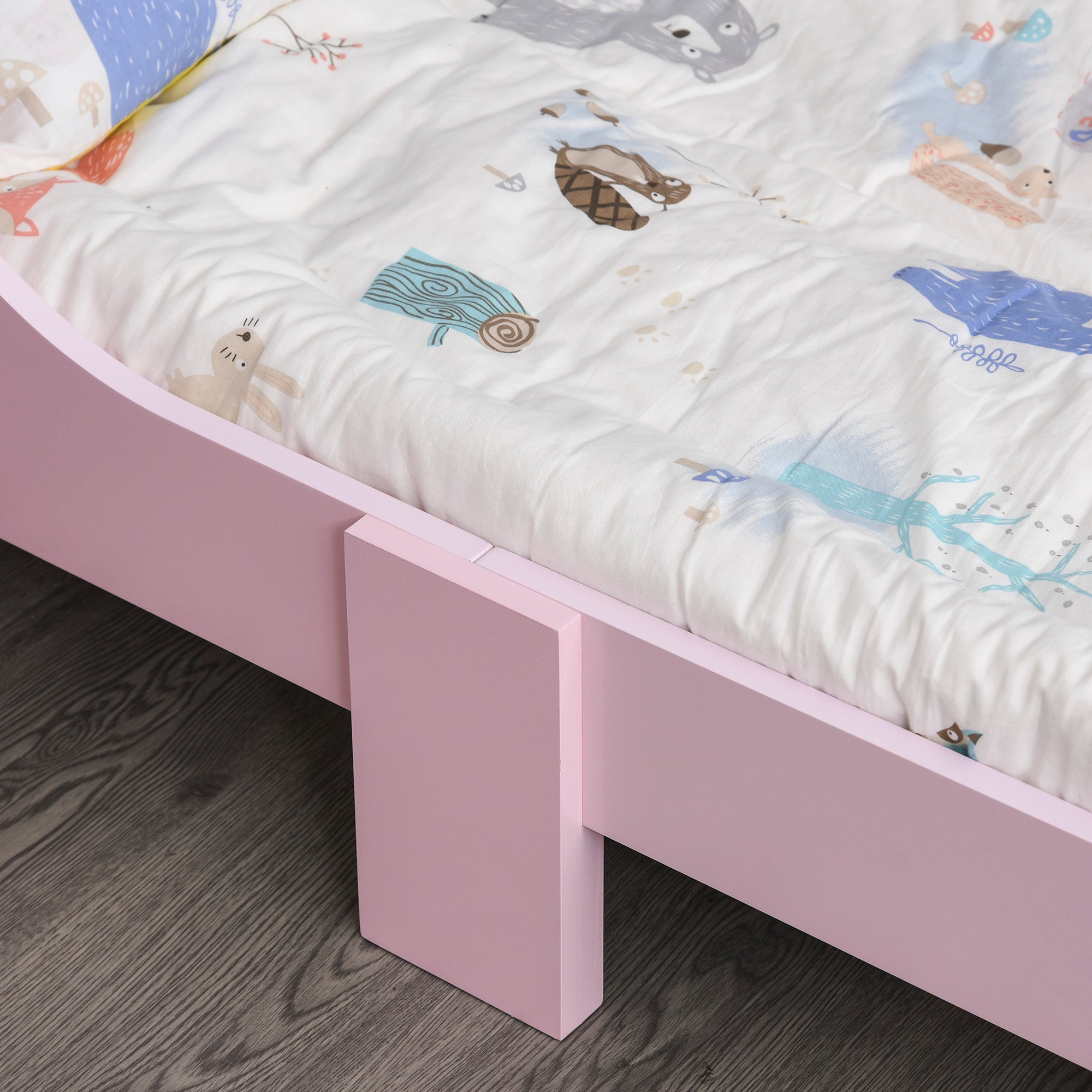 Pink poplar wood toddler bed with safety rails and cute princess crown design for kids 3 to 6 years old