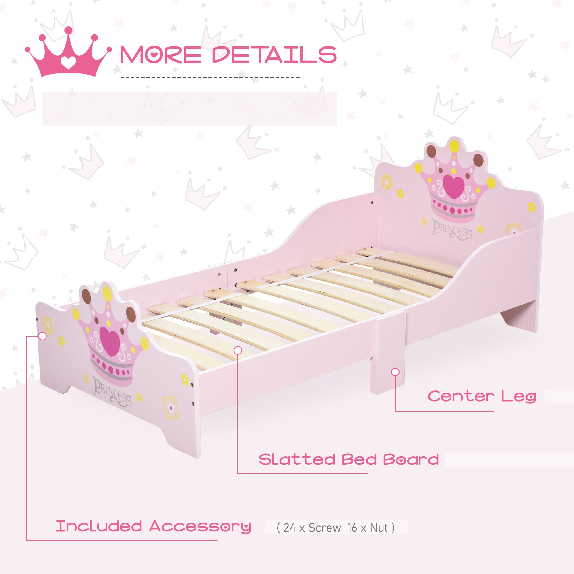 Pink wooden toddler bed with princess crown design and safety rails made of poplar wood for boys and girls 3-6 yrs
