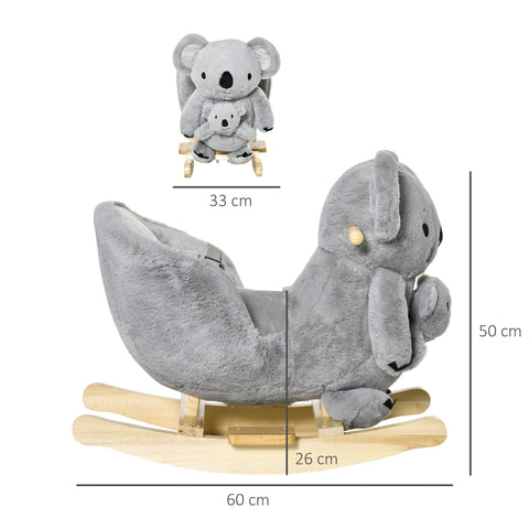 Gray plush koala rocking horse with wooden base and safety belt featuring a smaller koala doll, uses lr44 batteries