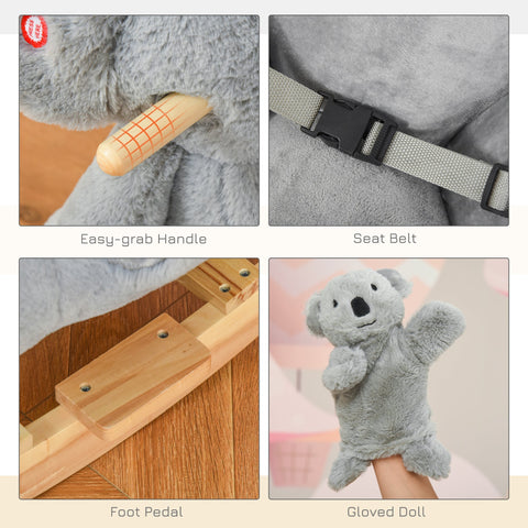 Gray plush koala rocking horse with wooden base seat belt and foot pedal for kids 18-36 months no lr44 batteries needed