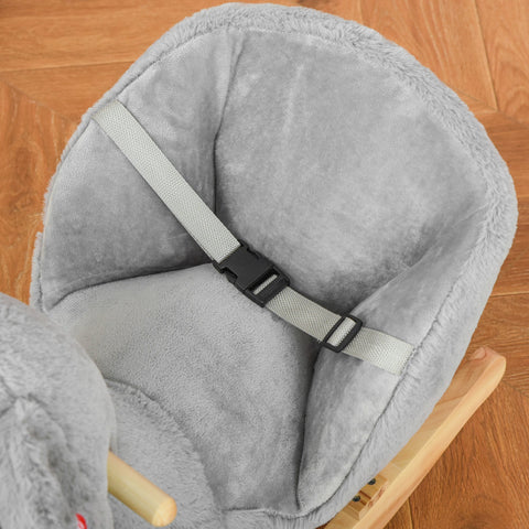 Gray plush toddler rocking horse with wooden base, soft fabric, adjustable straps, and compatible with lr44 batteries