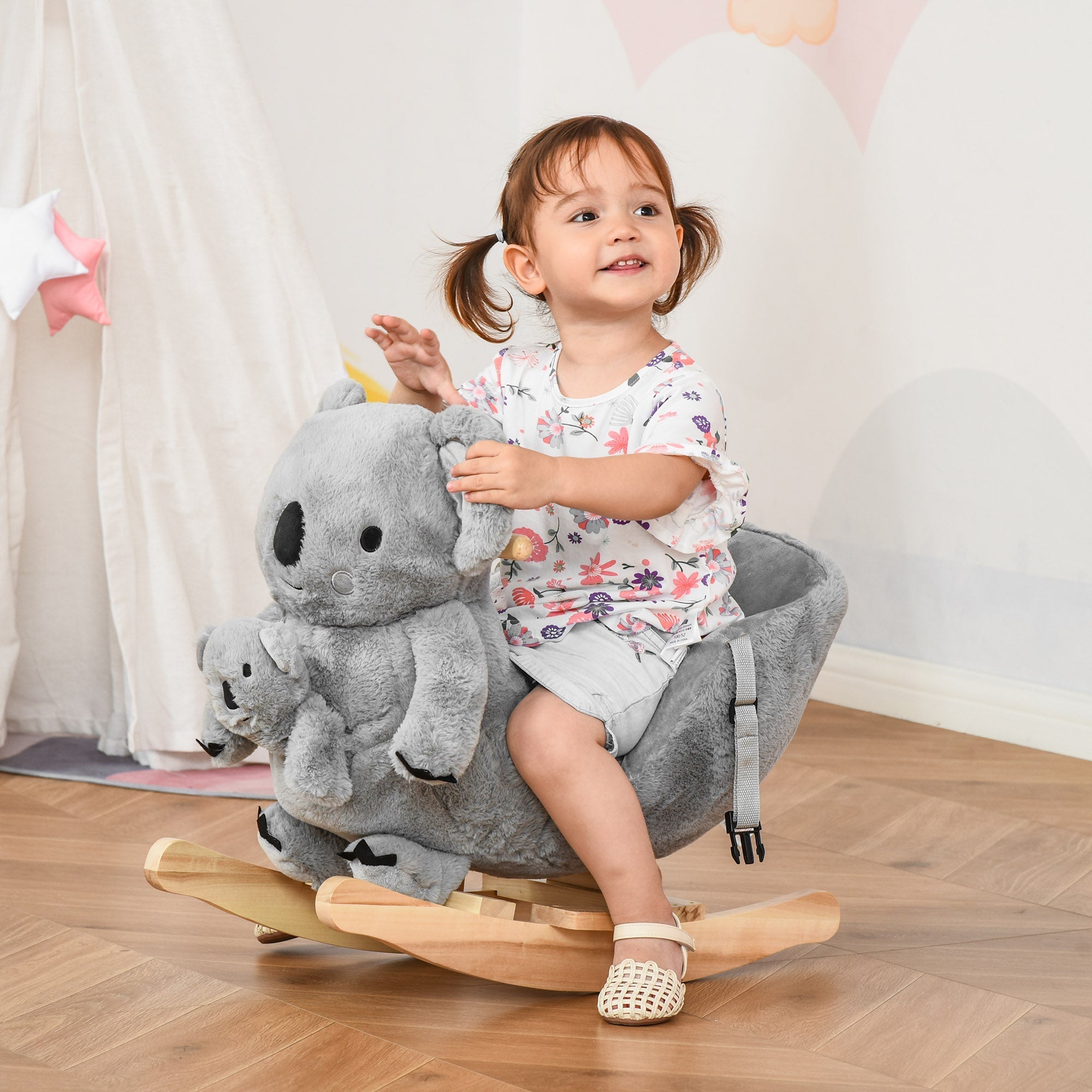 Gray plush koala rocking horse with wooden base and safety belt for toddlers aged 18-36 months without lr44 batteries
