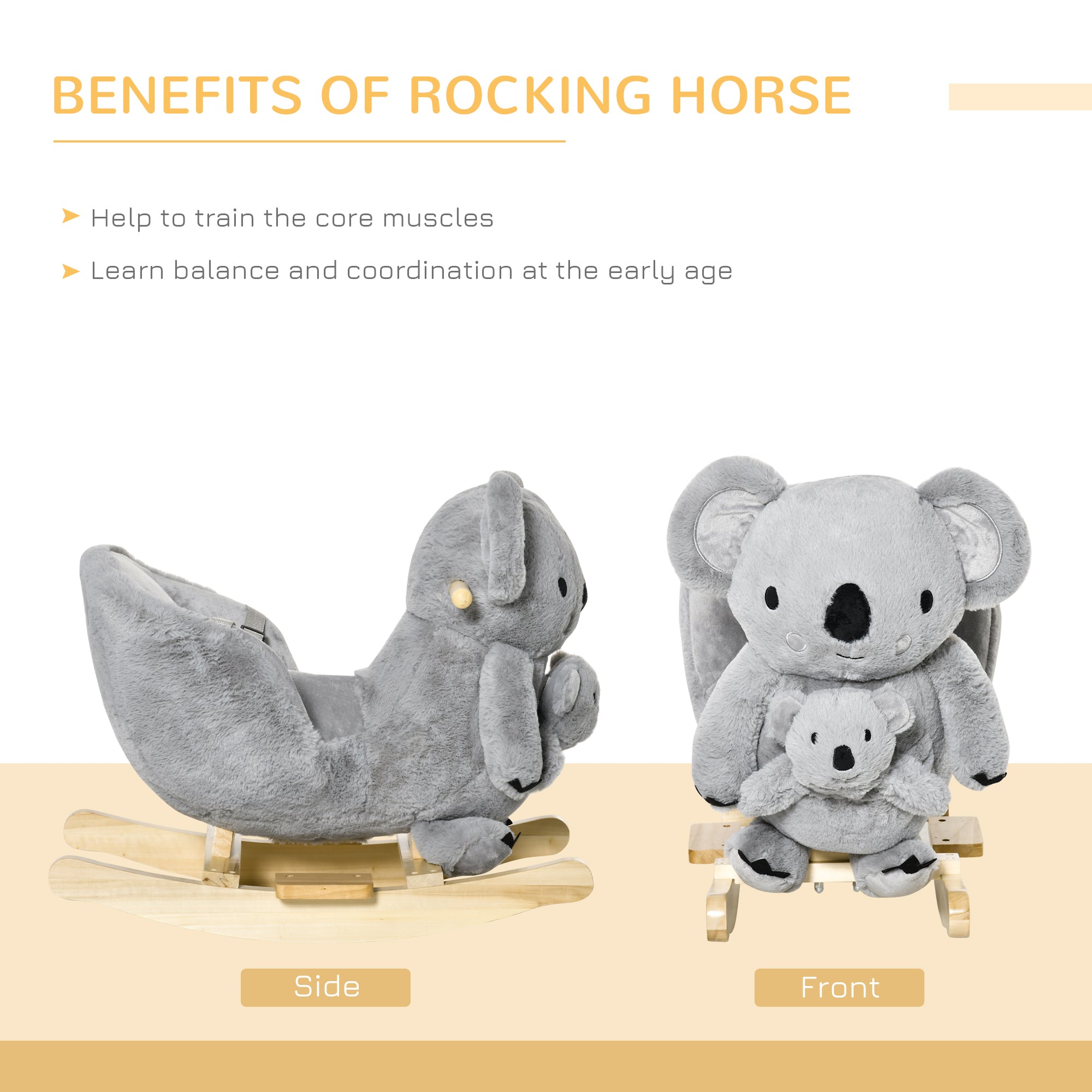 Gray plush koala rocking horse with wooden base and safety belt holding smaller toy koala for toddlers 18-36 months