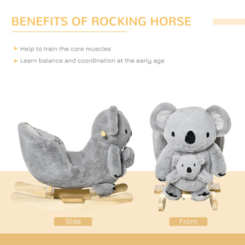 Gray plush koala rocking horse with wooden base and safety belt holding smaller toy koala for toddlers 18-36 months