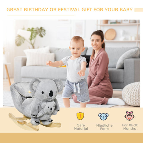 Gray plush koala rocking horse with wooden base and safety belt for toddlers aged 18-36 months, no lr44 batteries needed