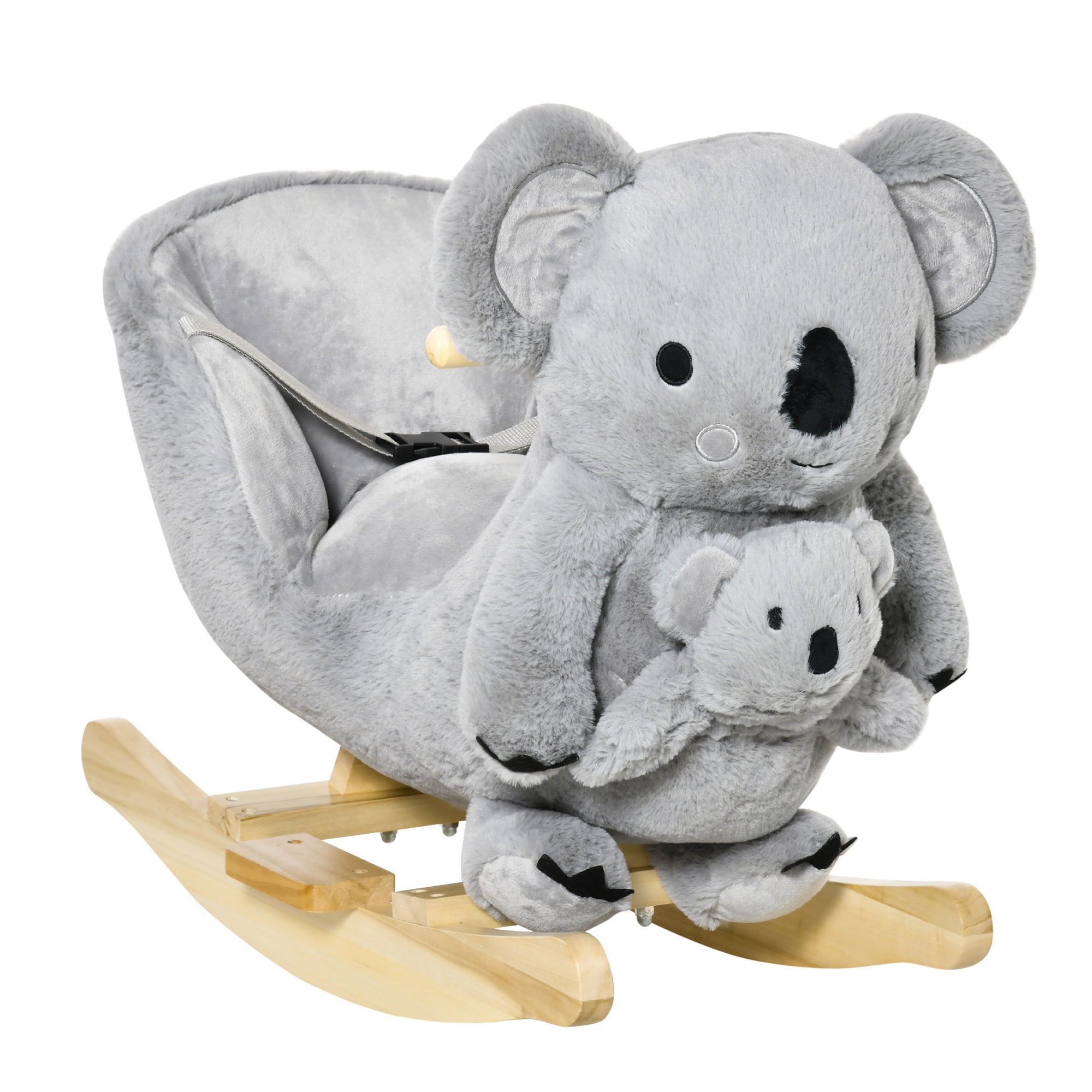 Gray plush koala rocking horse with wooden base and safety belt featuring soft fabric and lr44 batteries included