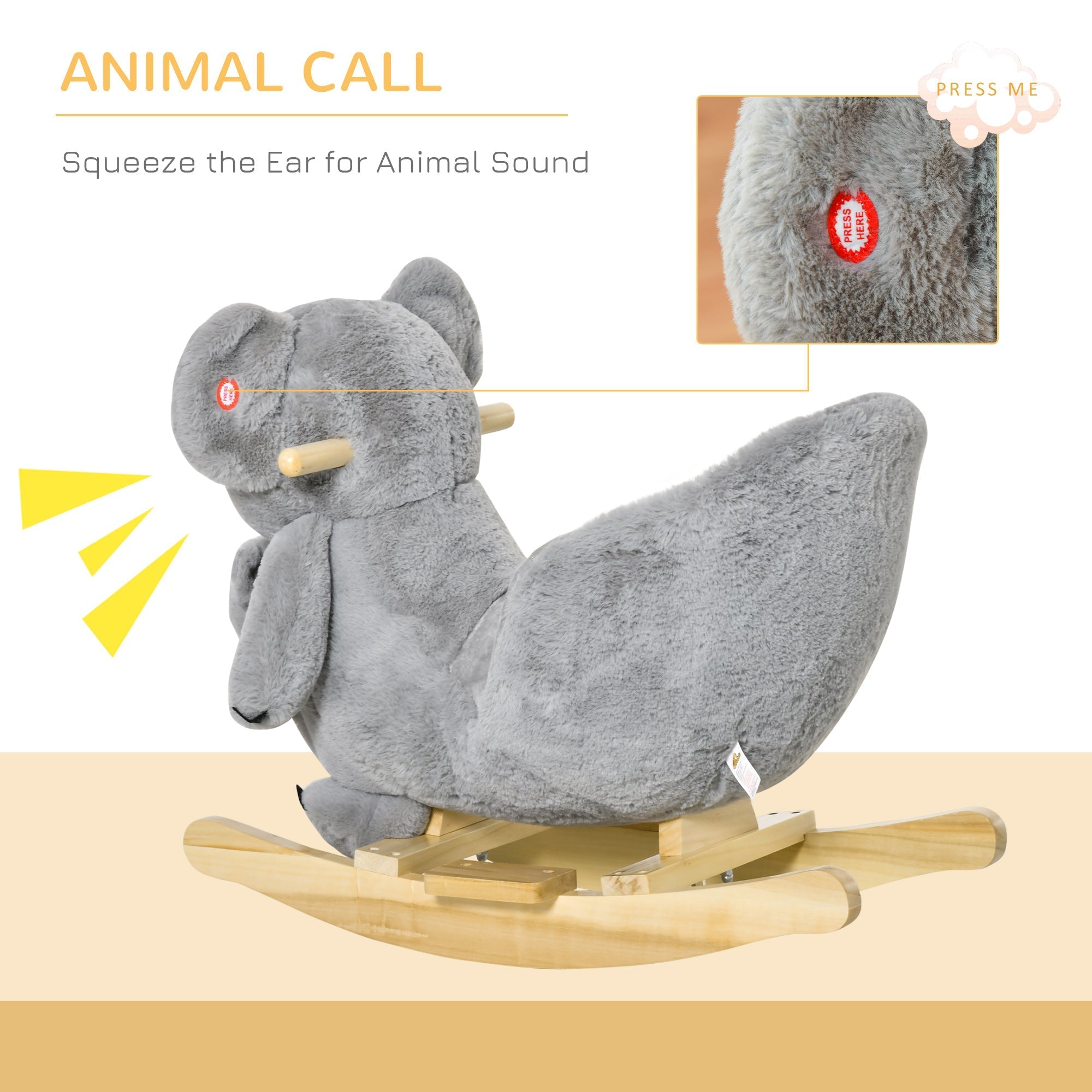 Gray plush koala rocking horse with wooden base and lr44 batteries makes animal sounds for toddlers 18-36 months