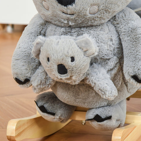 Gray plush koala rocking horse with wooden base and safety belt featuring a smaller koala baby and black paw details