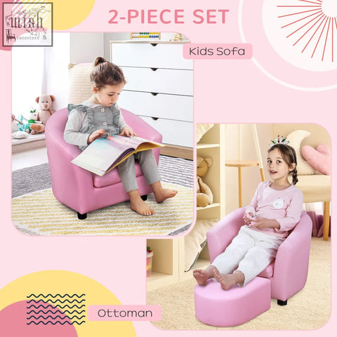 Pink kids toddler sofa and ottoman set with thick padding and solid wood structure for children by homcom