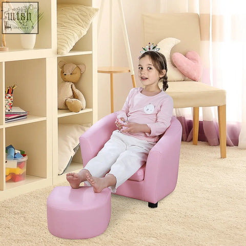 Pink kids toddler sofa and footstool with soft faux leather and solid wood structure for durable comfort