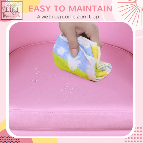 Pink homcom kids toddler sofa seat made of faux leather with solid wood structure being wiped with colorful towel