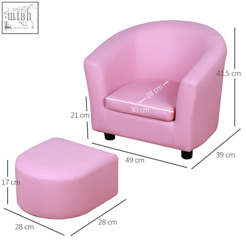 Pink kids bucket chair with matching ottoman upholstered in smooth faux leather with solid wood structure