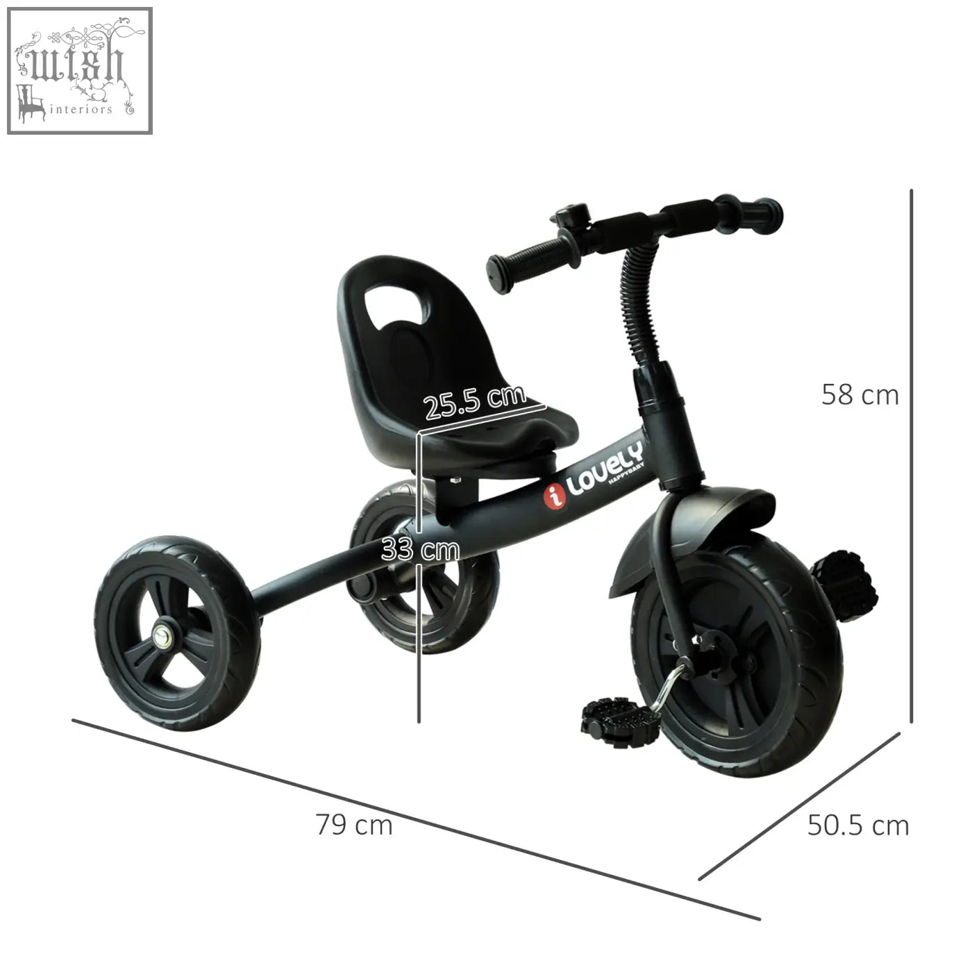 Homcom kids trike with metal frame padded seat and lovely brand handlebars black toddler tricycle for 1.5 to 4 years