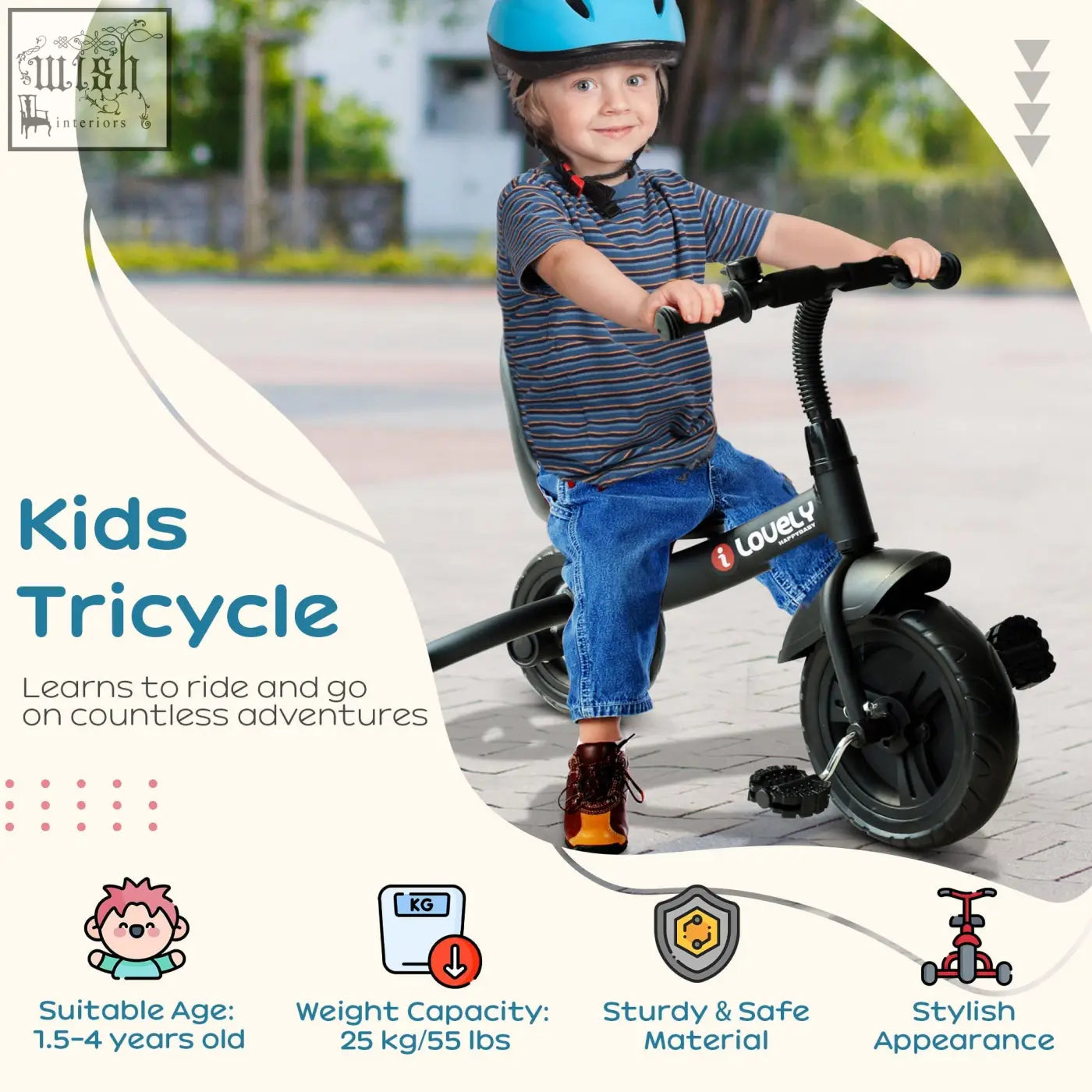 Homcom kids trike with metal frame and sturdy wheels in black ridden by a toddler wearing a blue helmet for toddlers 1.5 to 4 years