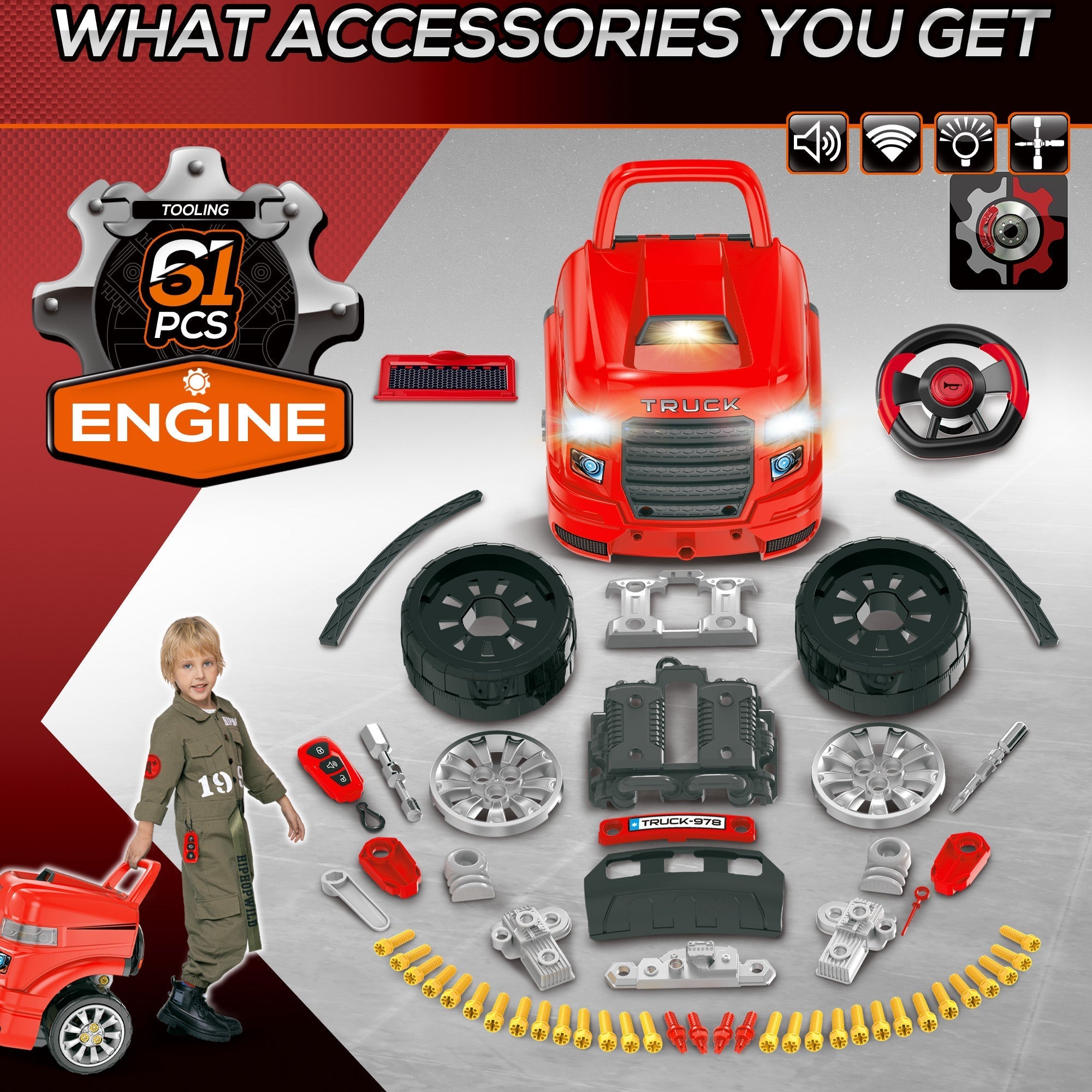 Red plastic engine toy truck with black wheels silver accents illuminated headlights and car key for kids playset