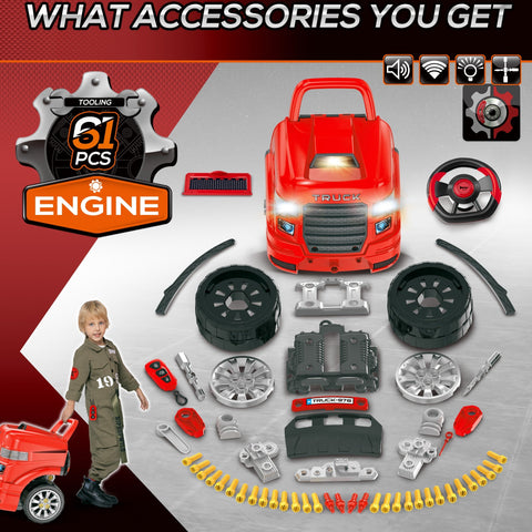 Red plastic engine toy truck with black wheels silver accents illuminated headlights and car key for kids playset