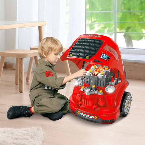 Red plastic toy truck with black grille and visible engine compartment for kids car key engine toy set playset