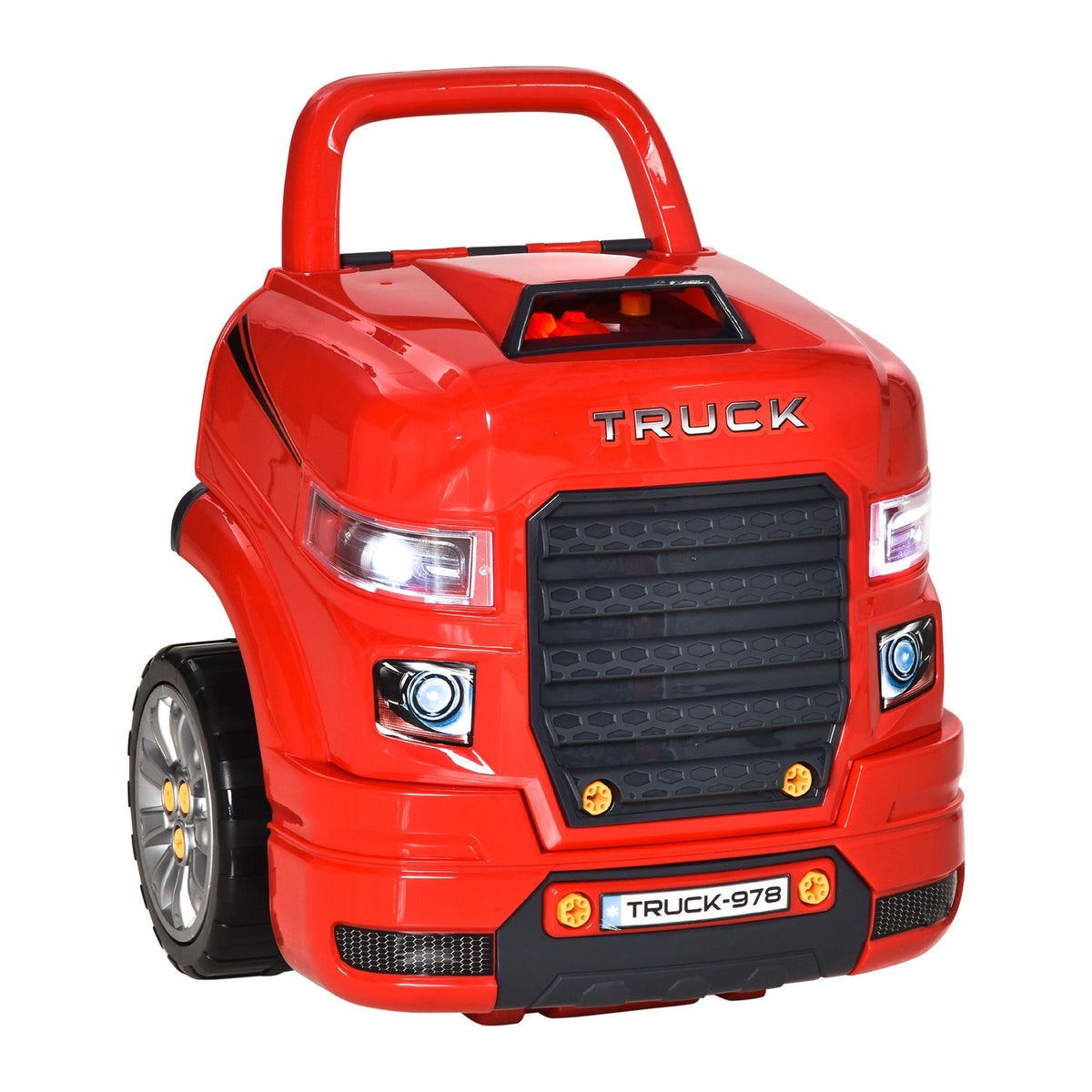 Red plastic toy truck with black grille silver wheels license plate included part of homcom engine toy set with car key