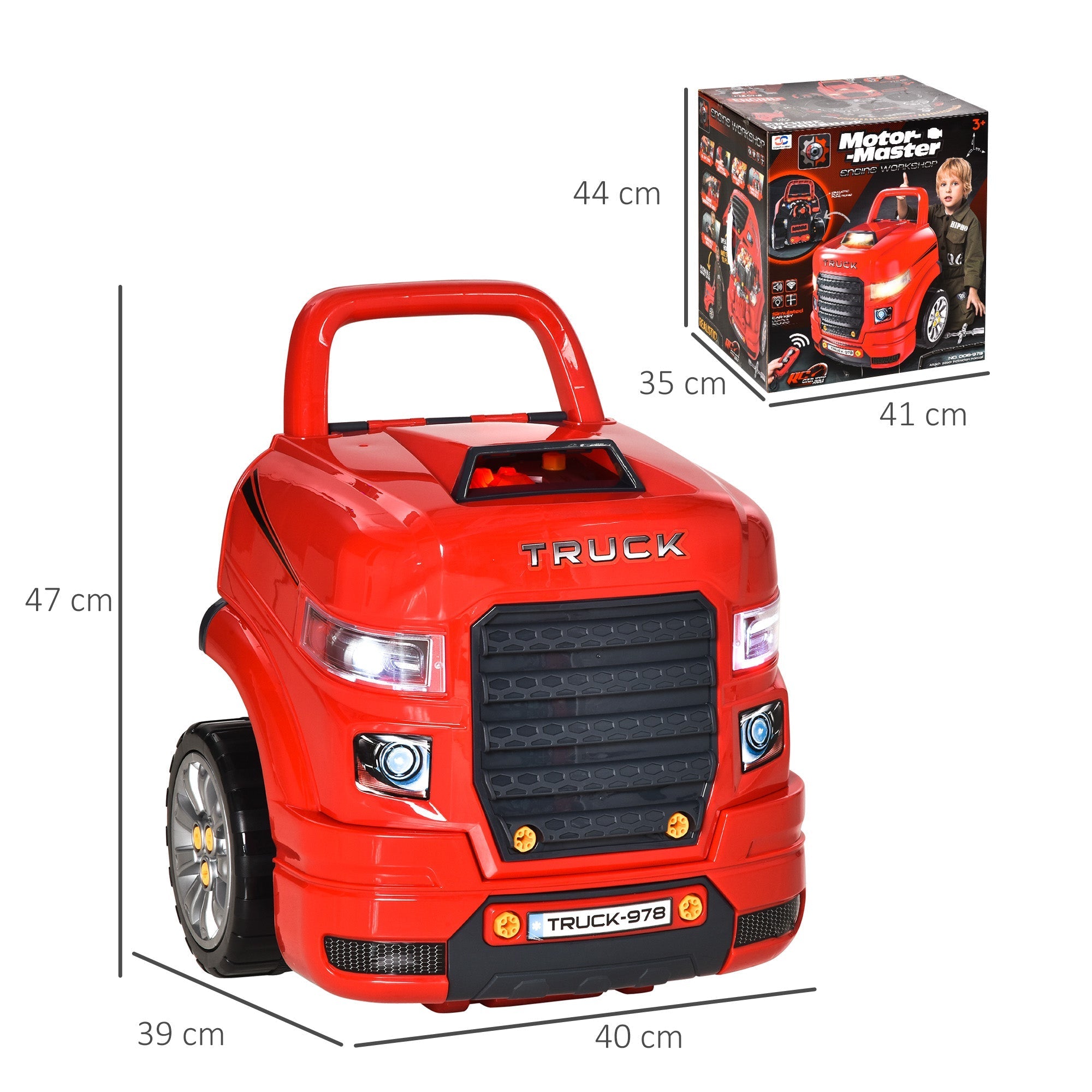 Red motor master electric truck toy with black grille and silver wheels from homcom engine toy set with car key