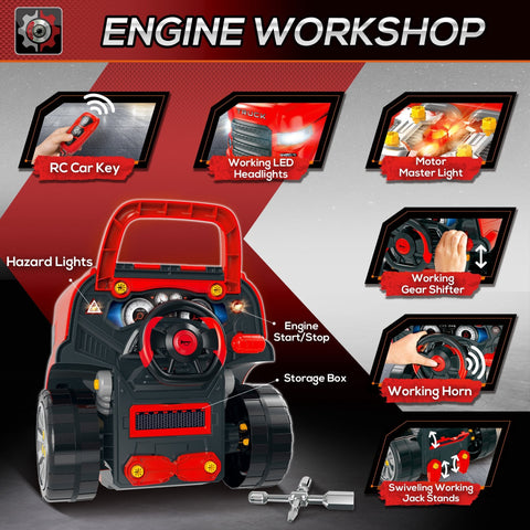 Red and black homcom kids truck engine toy set with working lights horn gear shifter and car key for toddlers