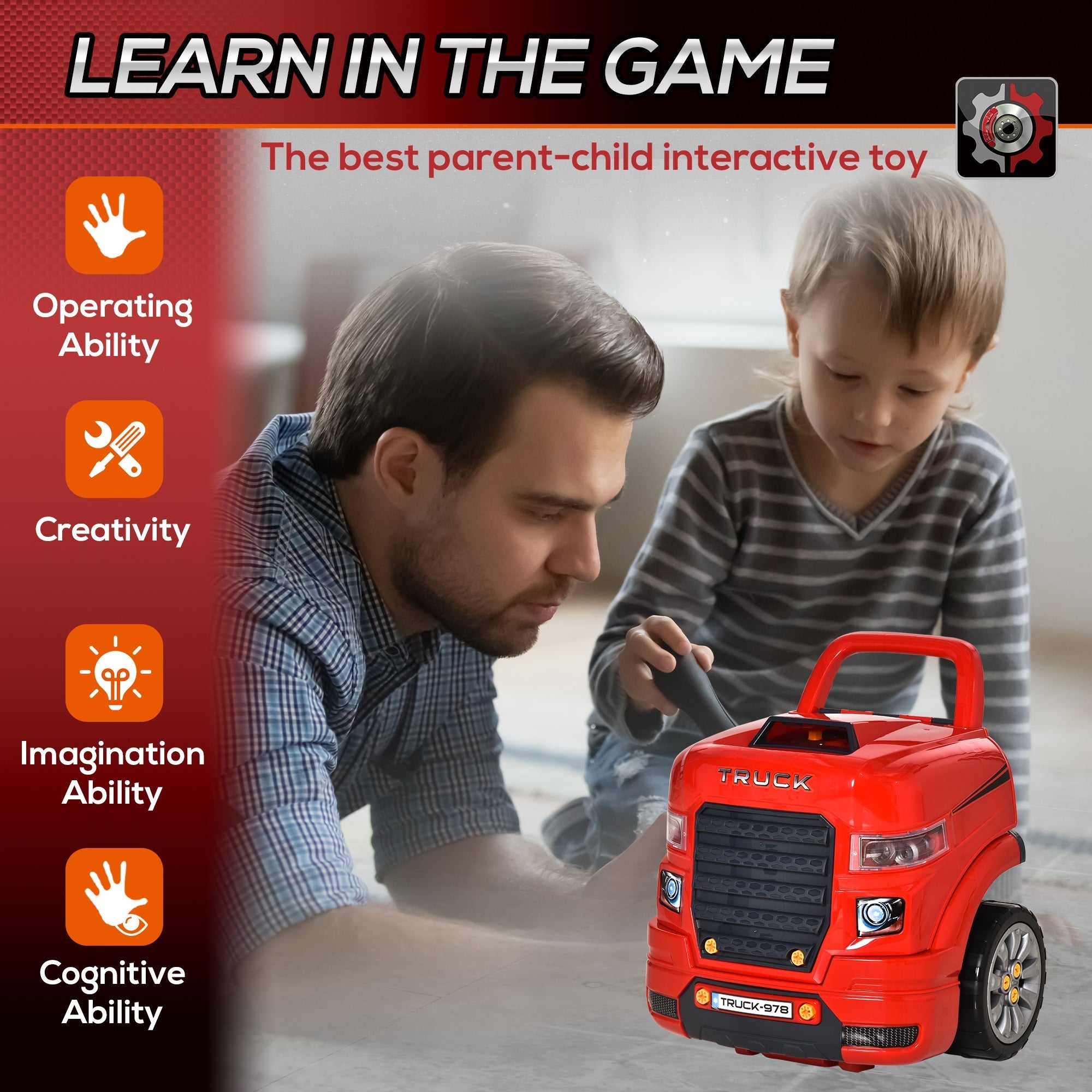 Red plastic HOMCOM kids engine toy set truck with black grille silver wheels and car key for toddlers 3-5 years old