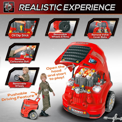 Red plastic homcom kids truck engine toy set with detailed engine and car key for educational play ages 3 to 5