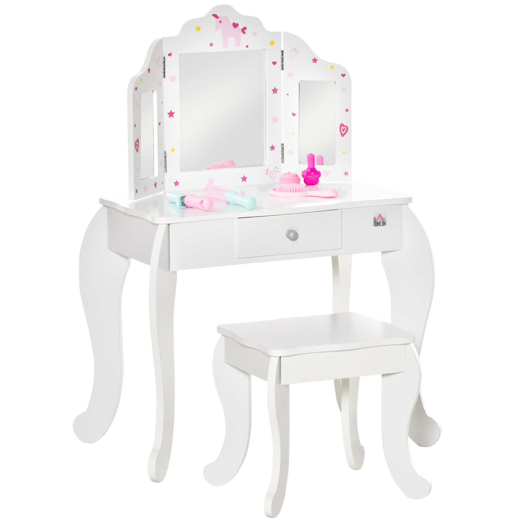 White kids vanity table with three-panel rotatable mirrors pink unicorn star decor curved legs and matching stool