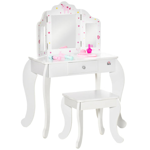 White kids vanity table with three-panel rotatable mirrors pink unicorn star decor curved legs and matching stool