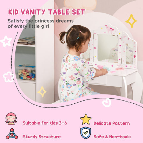 White kids vanity table set with three-panel rotatable mirror and pink star and heart decals for girls playroom