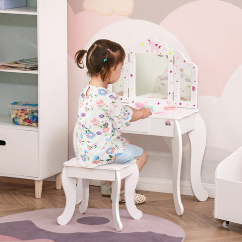 White wooden kids vanity table with three-panel rotatable mirror and pink purple star decals for girls play set
