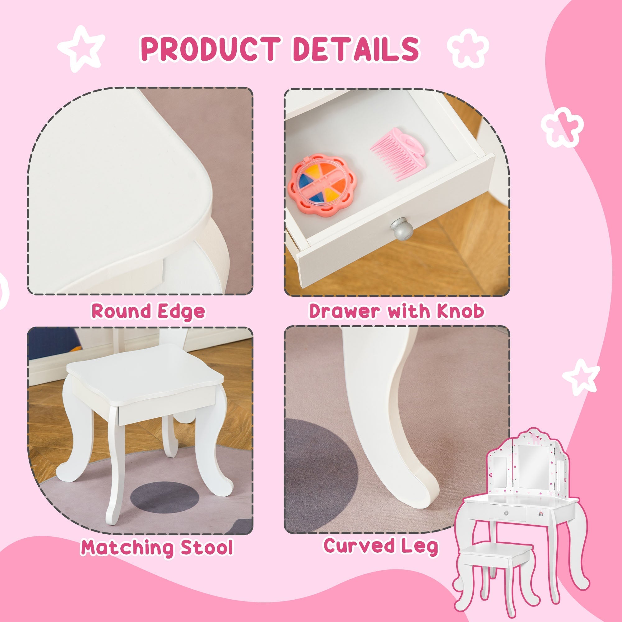 White kids vanity table with curved legs and matching stool featuring rotatable mirrors star and heart patterns