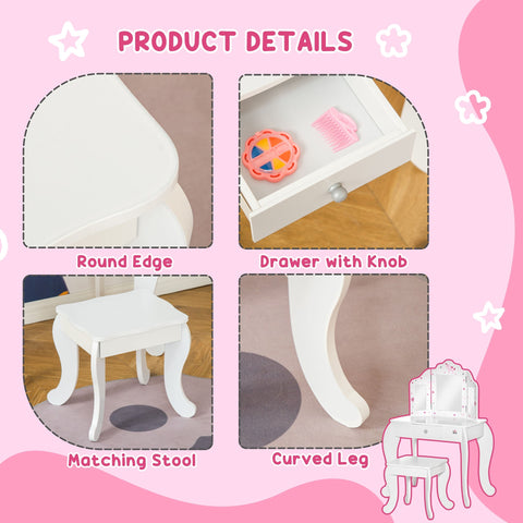 White kids vanity table with curved legs and matching stool featuring rotatable mirrors star and heart patterns