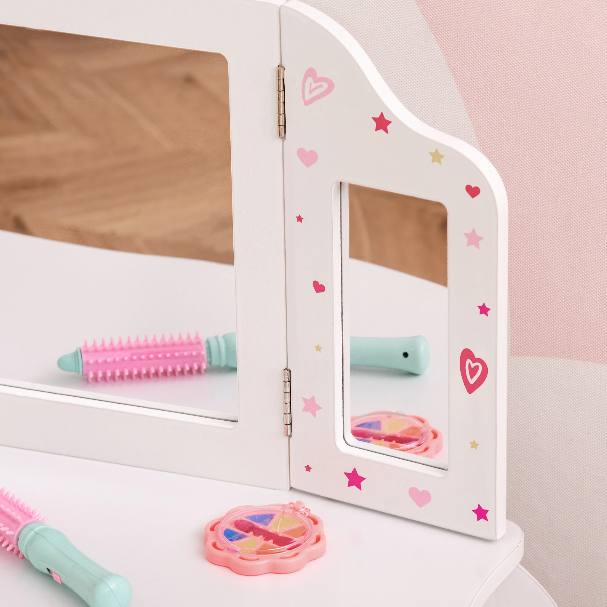 White kids vanity table with heart and star decals two rotatable mirrors and small storage compartment for girls playset