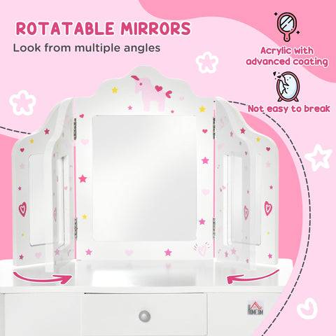 White acrylic kids vanity table with rotatable panels featuring pink star and heart decals for multiple angles