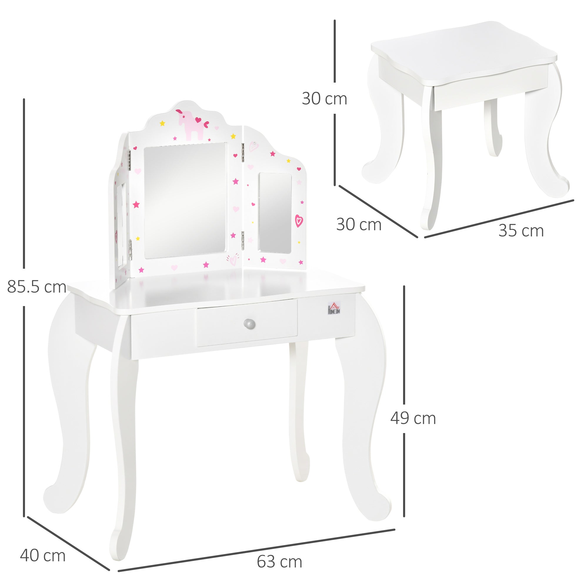 White wooden kids vanity table with three-panel rotatable mirror pink stars and hearts with matching stool