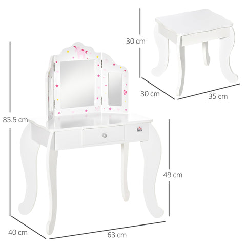 White wooden kids vanity table with three-panel rotatable mirror pink stars and hearts with matching stool