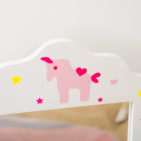 White wooden kids vanity table headboard with pink unicorn decal hearts and yellow magenta star accents