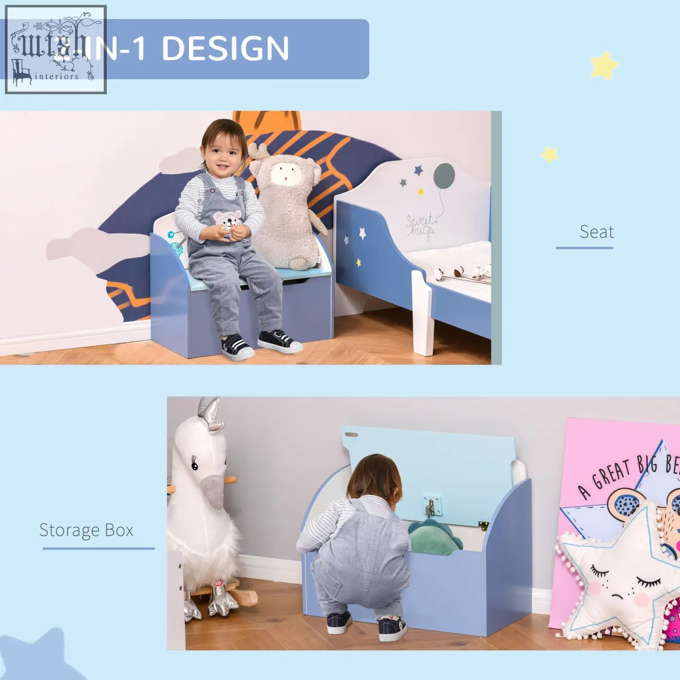 Homcom kids wooden light blue storage box bench with seat and safety hinge for toy and bedroom organization