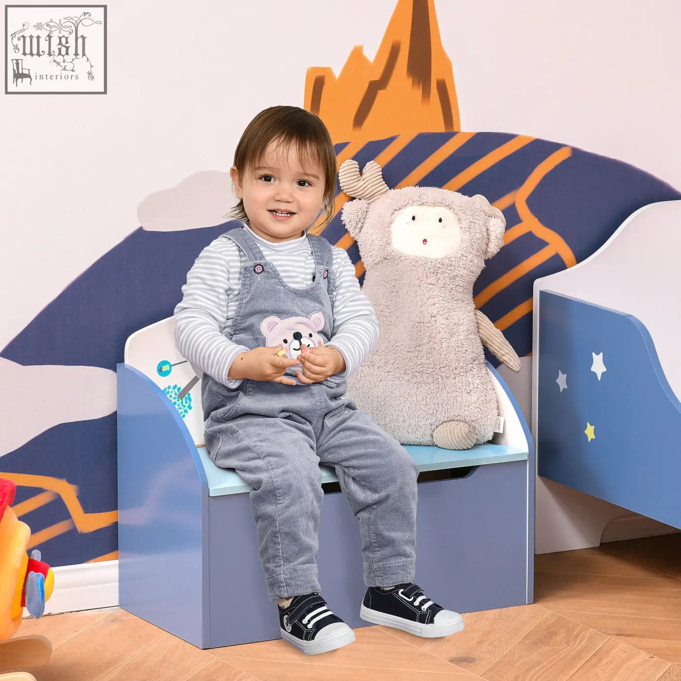 Blue homcom kids wooden storage box bench with safety hinge and plush toy for bedroom or playroom organization