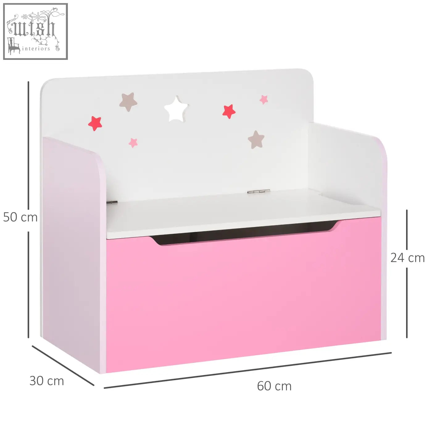 Pink and white wooden toy box storage bench with star decals and safety hinge for kids room organization