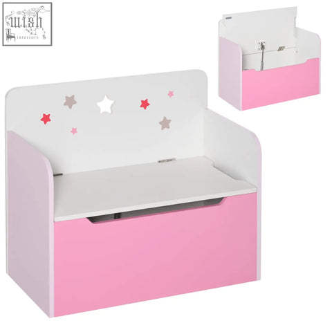 Pink and white wooden toy box storage bench with star decals and safety gas rod for kids bedroom or playroom organization